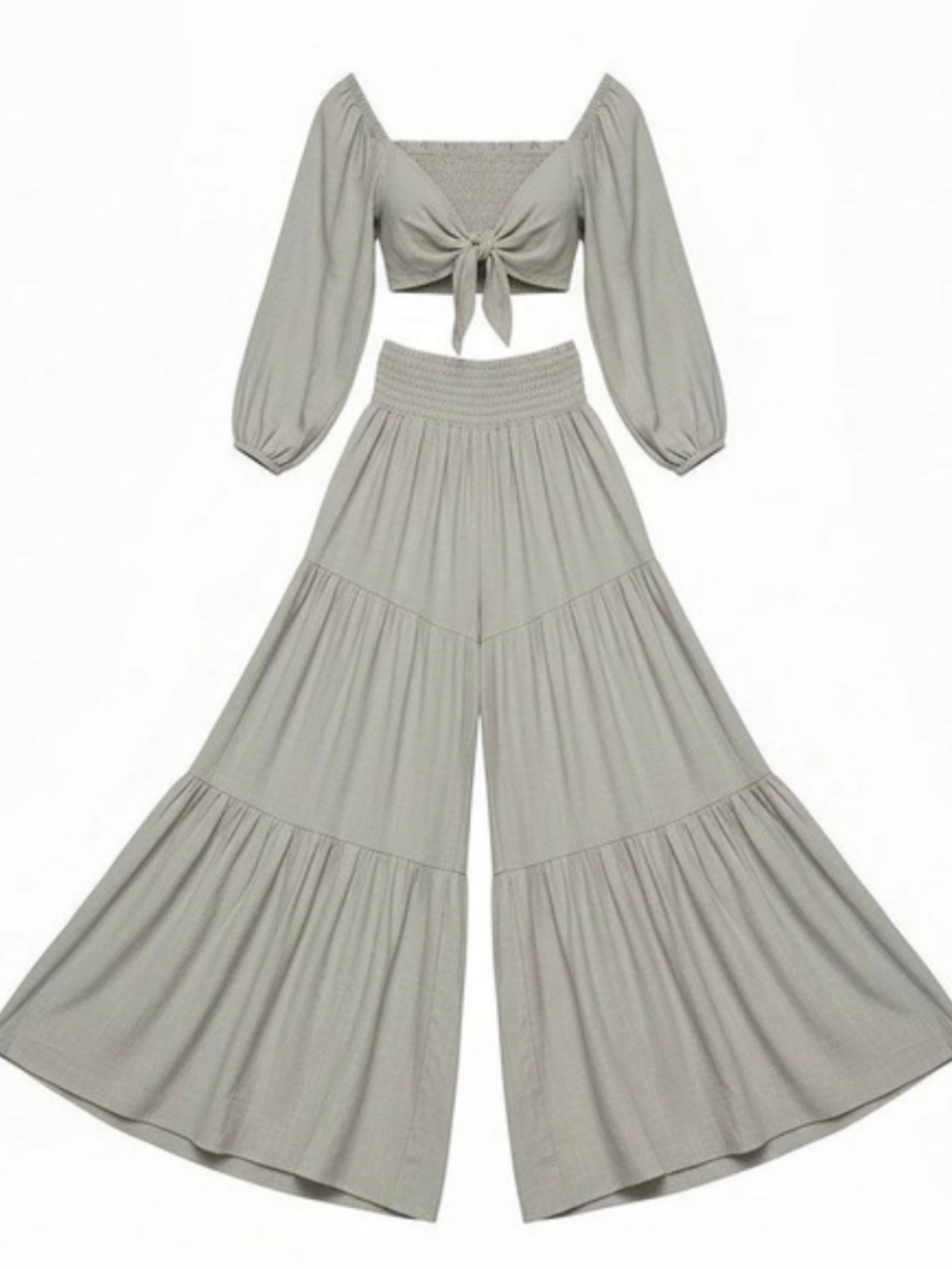 Gray Tie-Front Wide-Leg Set Like New